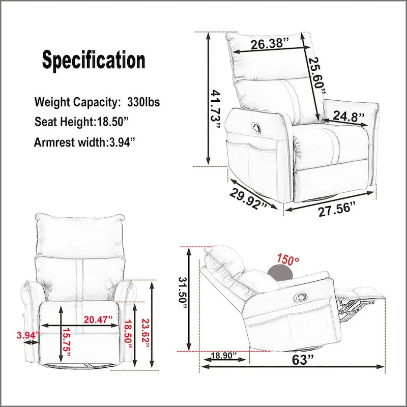 Modern Small Rocking Swivel Recliner Chair with Overstuffed Seat