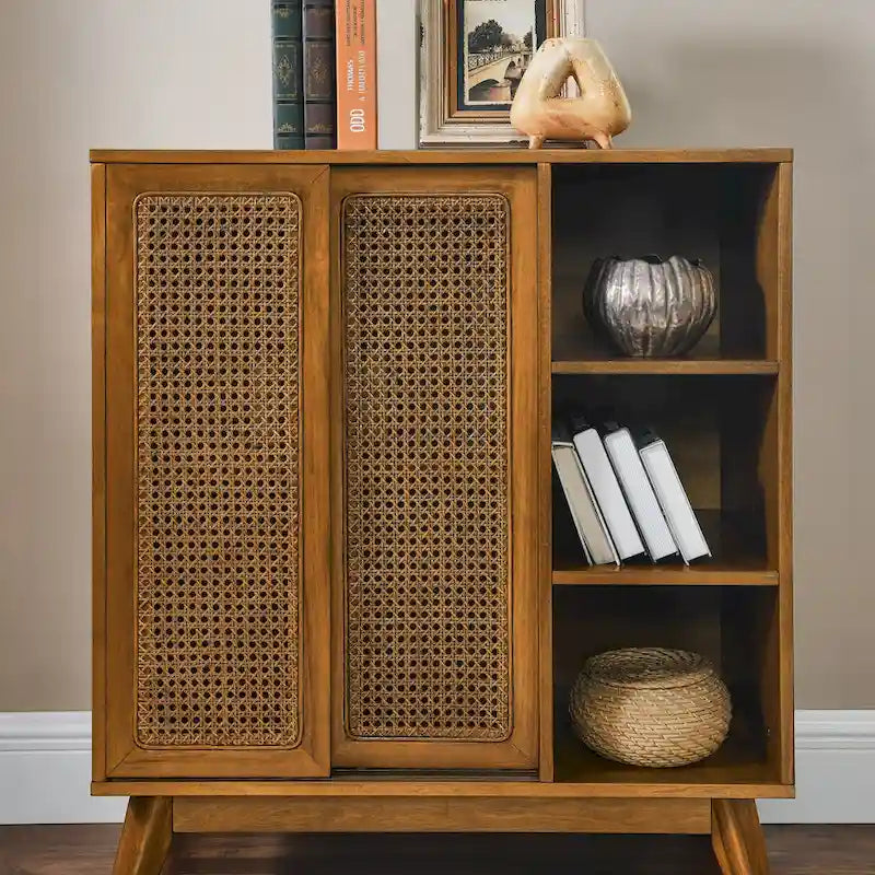 Mid Century Modern Rattan Sideboard Cabinet, Buffet Cabinet Adjustable Shelf & Solid Wood Feet - Light Wood