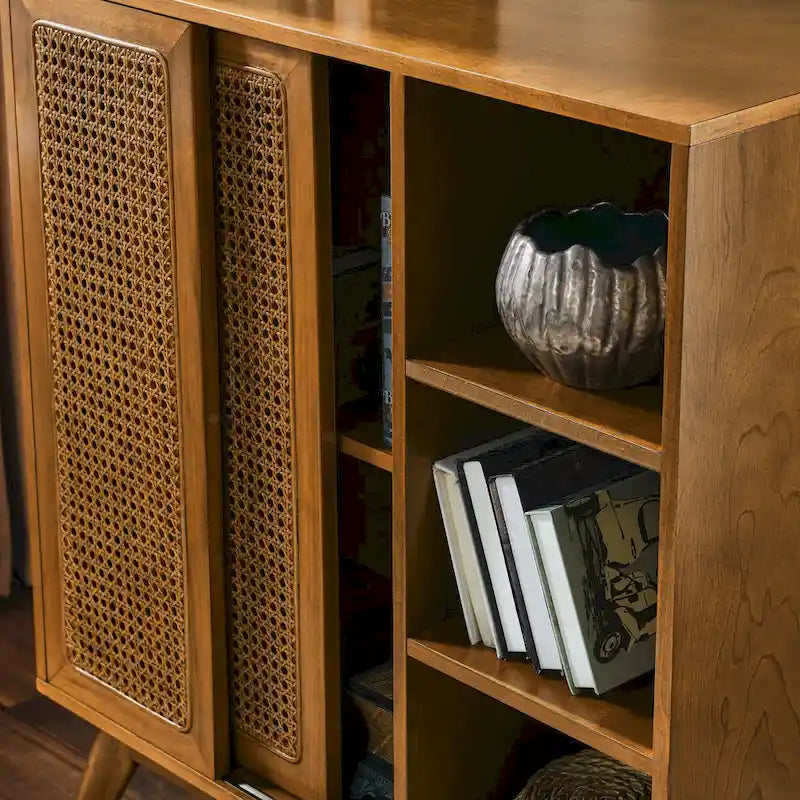 Mid Century Modern Rattan Sideboard Cabinet, Buffet Cabinet Adjustable Shelf & Solid Wood Feet - Light Wood