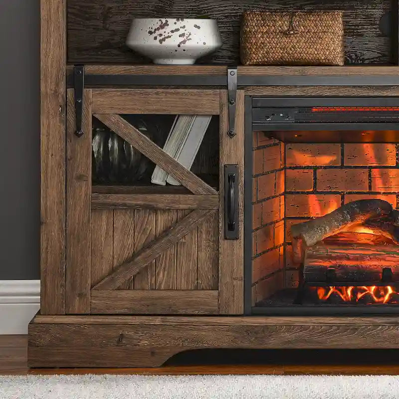 Reclaimed Barnwood 60 Fireplace TV Stand with Remote & Safety Device for 70 TVs