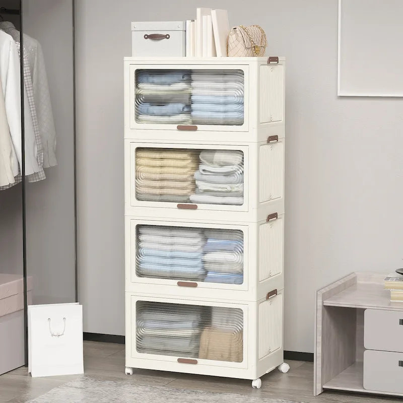 4 Tier Plastic Storage Bins with Lids,Stackable Storage Containers with Wheels, Folding Storage Boxes, Collapsible Storage Bins