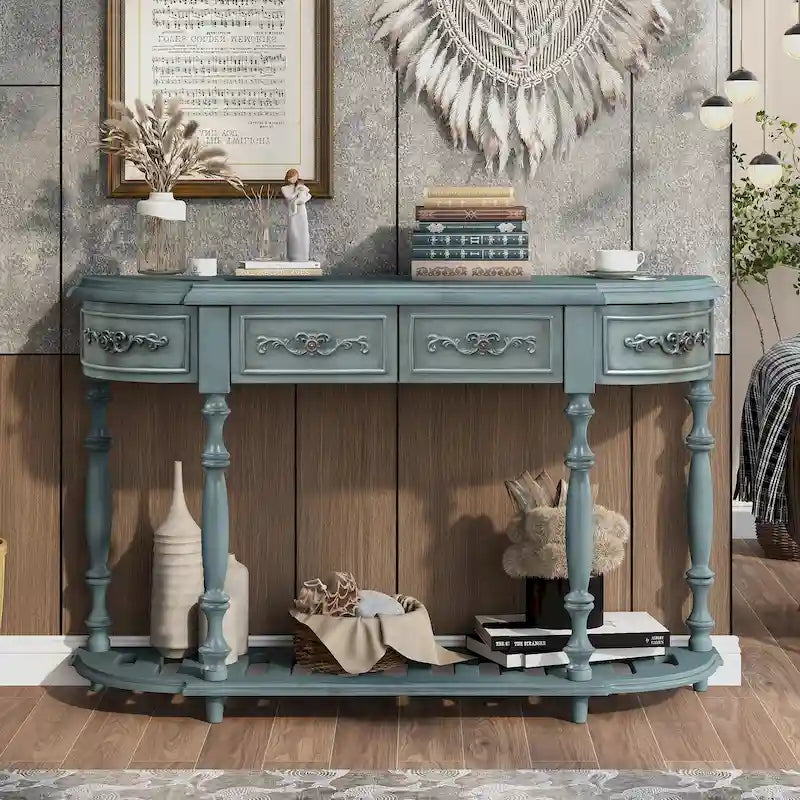 52'Curved Console Table Sofa Table Entryway Table for Hallway Living Room with 4 Drawers and 1 Shelf