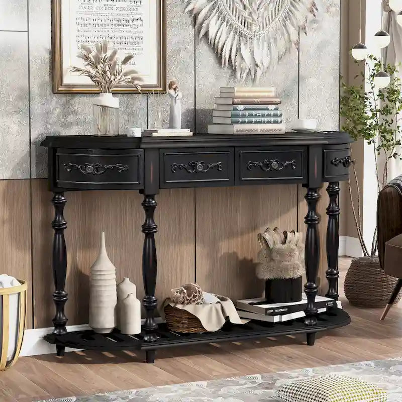 52'Curved Console Table Sofa Table Entryway Table for Hallway Living Room with 4 Drawers and 1 Shelf