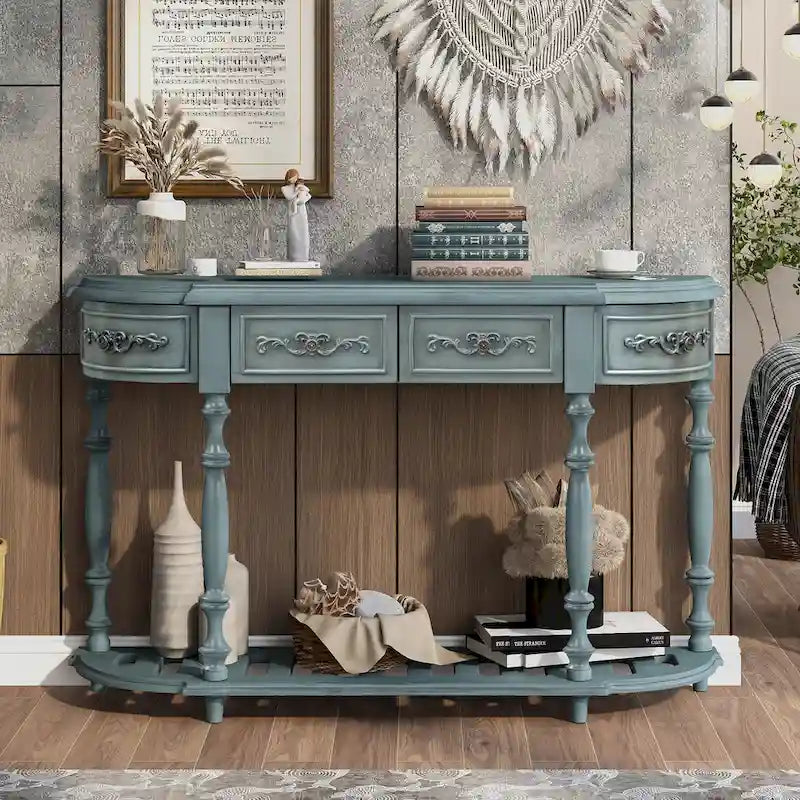 52'Curved Console Table Sofa Table Entryway Table for Hallway Living Room with 4 Drawers and 1 Shelf