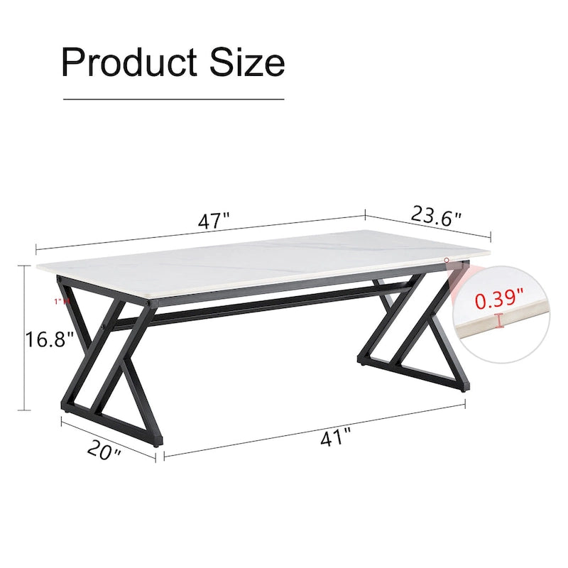 Modern Minimalist Style Marble Patterned Coffee Table With Black Metal Legs, Game Table, Tea Table
