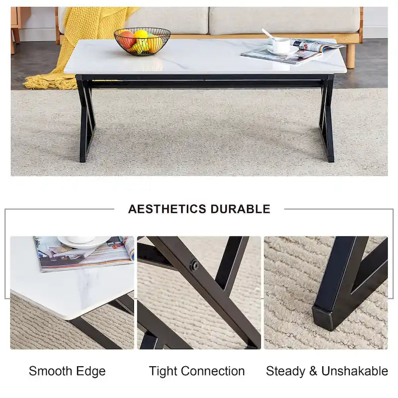 Modern Minimalist Style Marble Patterned Coffee Table With Black Metal Legs, Game Table, Tea Table