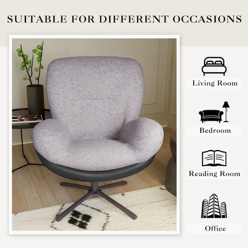 360 Swivel Accent Chair, Modern Chenille Lounge Chair with Faux Leather and Black Metal Base Frame, Comfortable Reading Chair