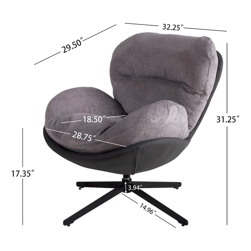 360 Swivel Accent Chair, Modern Chenille Lounge Chair with Faux Leather and Black Metal Base Frame, Comfortable Reading Chair