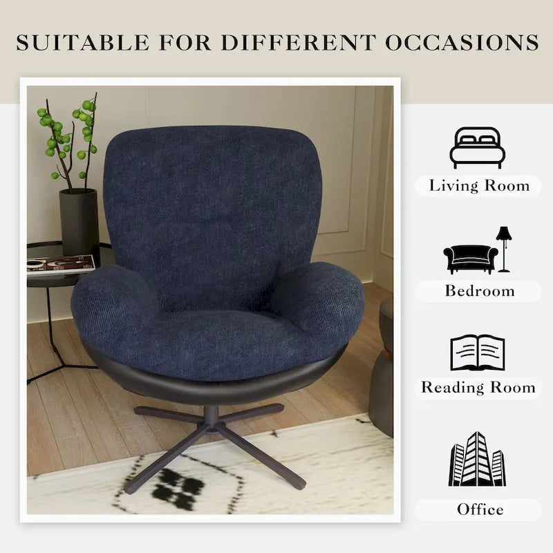 360 Swivel Accent Chair, Modern Chenille Lounge Chair with Faux Leather and Black Metal Base Frame, Comfortable Reading Chair
