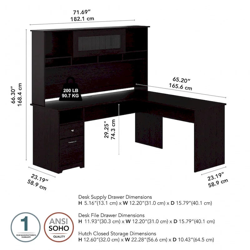 72W L-shaped Computer Desk with Hutch and Drawers by Bush Furniture