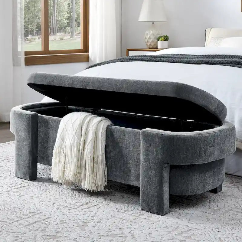 GDFStudio - Evelyn Chenille Upholstered Storage Bench with Turned Legs for Elegant Spaces