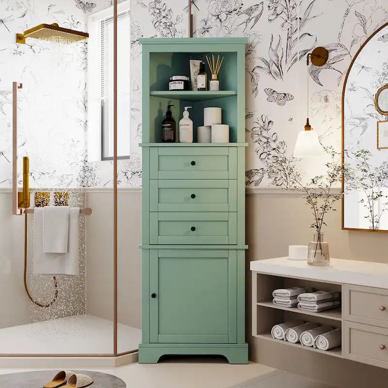 Triangle Tall Cabinet with 3 Drawers and Adjustable Shelves for Bathroom, Kitchen or Living Room, MDF Board with Painted Finish