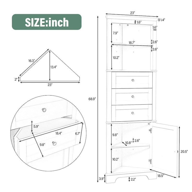 Triangle Tall Cabinet with 3 Drawers and Adjustable Shelves for Bathroom, Kitchen or Living Room, MDF Board with Painted Finish
