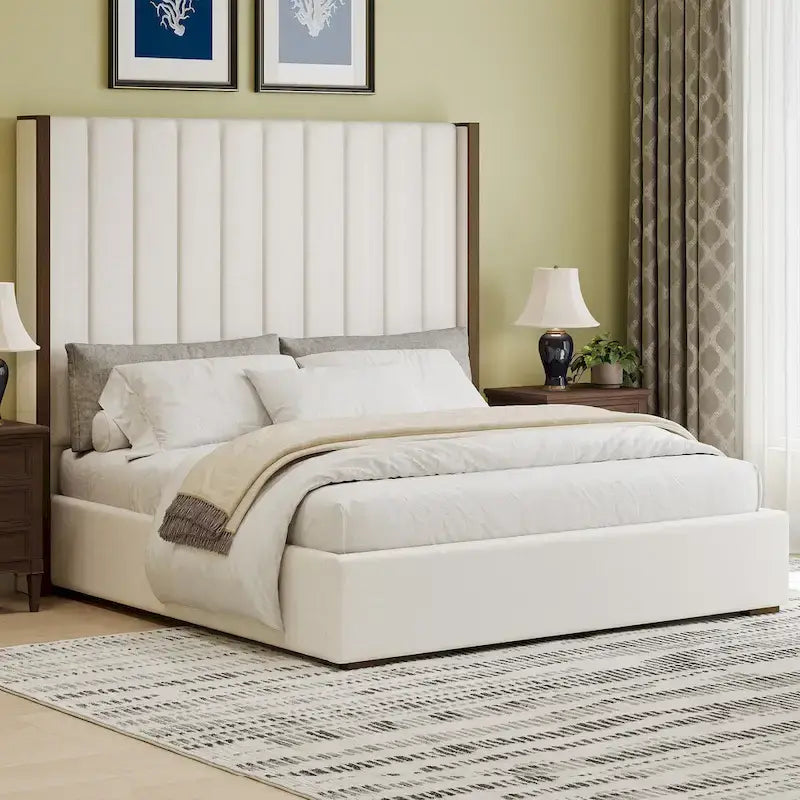 Roomfitters King Size Upholstered Bed, 67.5 Tall Headboard, Wingback, Vertical Stripes, Box Spring Needed