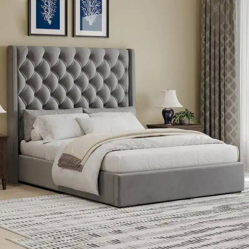 Roomfitters King Size Upholstered Bed, 67.5 Tall Headboard, Wingback, Vertical Stripes, Box Spring Needed