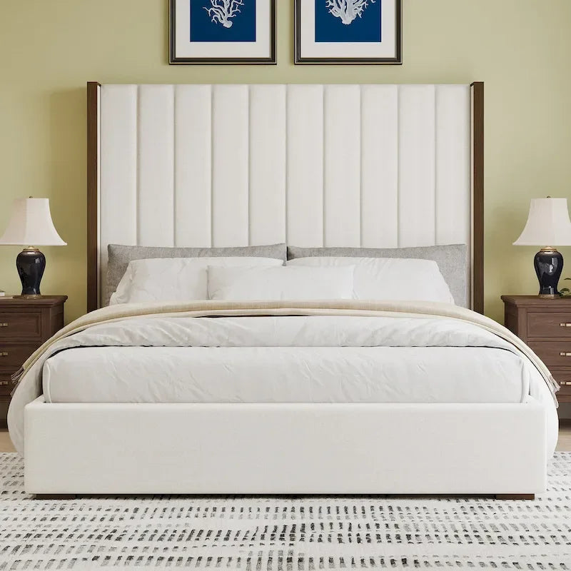 Roomfitters King Size Upholstered Bed, 67.5 Tall Headboard, Wingback, Vertical Stripes, Box Spring Needed