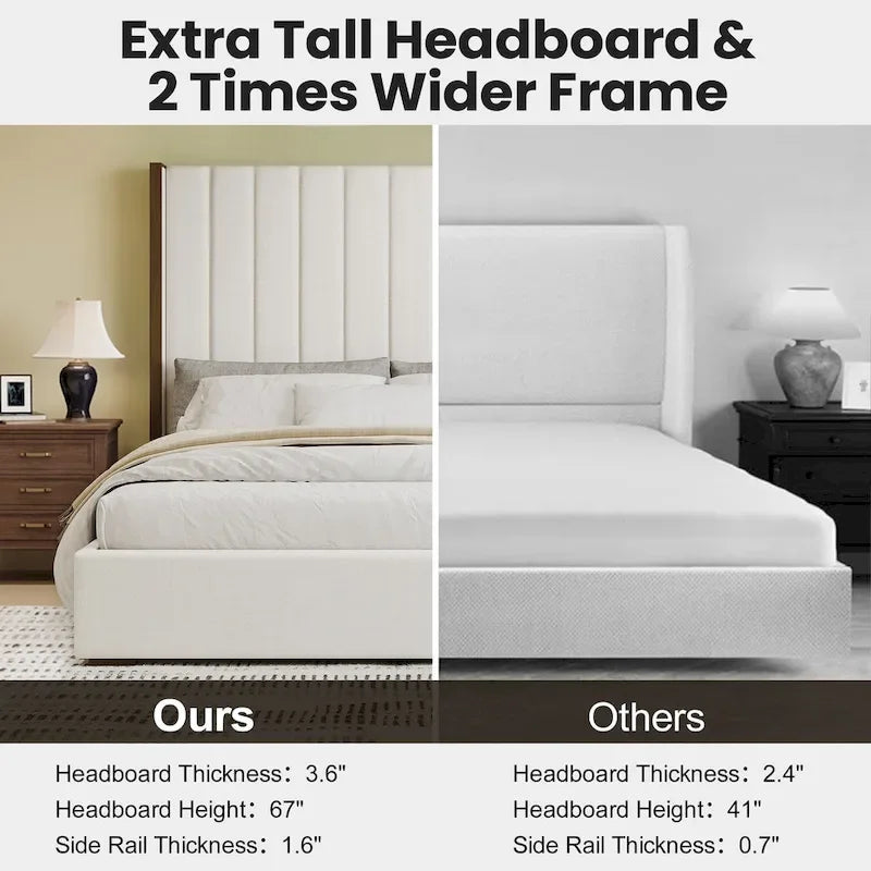 Roomfitters King Size Upholstered Bed, 67.5 Tall Headboard, Wingback, Vertical Stripes, Box Spring Needed