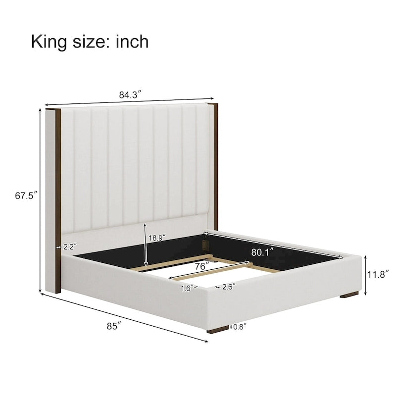 Roomfitters King Size Upholstered Bed, 67.5 Tall Headboard, Wingback, Vertical Stripes, Box Spring Needed