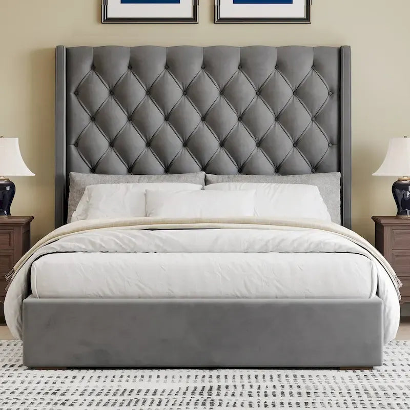 Roomfitters King Size Upholstered Bed, 67.5 Tall Headboard, Wingback, Vertical Stripes, Box Spring Needed