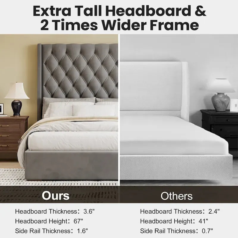 Roomfitters King Size Upholstered Bed, 67.5 Tall Headboard, Wingback, Vertical Stripes, Box Spring Needed