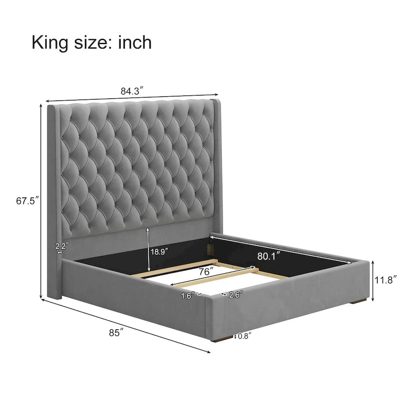 Roomfitters King Size Upholstered Bed, 67.5 Tall Headboard, Wingback, Vertical Stripes, Box Spring Needed