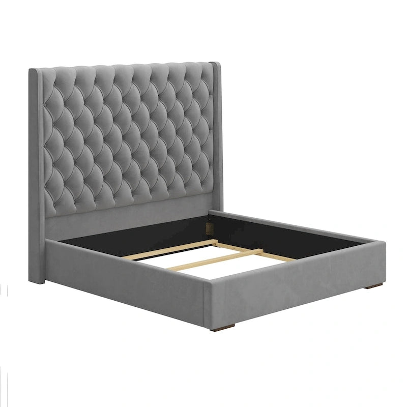 Roomfitters King Size Upholstered Bed, 67.5 Tall Headboard, Wingback, Vertical Stripes, Box Spring Needed