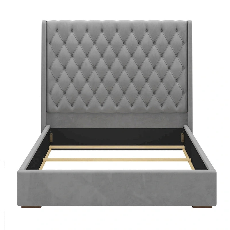 Roomfitters King Size Upholstered Bed, 67.5 Tall Headboard, Wingback, Vertical Stripes, Box Spring Needed