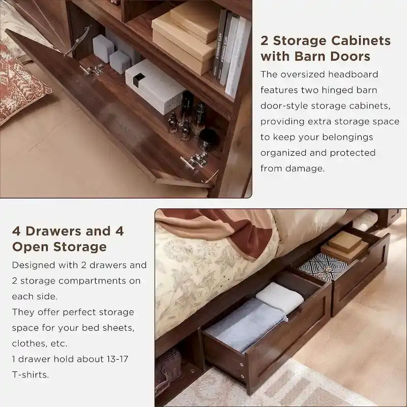 Farmhouse Full Size Wood Bed Frame with Storage Headboard and Drawers