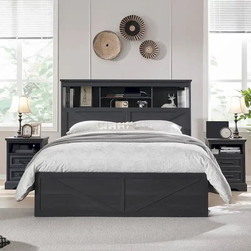 Farmhouse Full Size Wood Bed Frame with Storage Headboard and Drawers