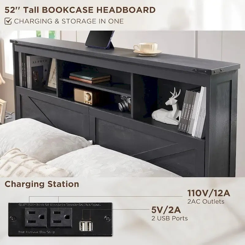 Farmhouse Full Size Wood Bed Frame with Storage Headboard and Drawers