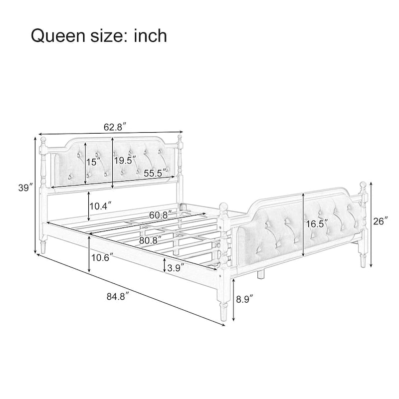 Queen Wood Platform Bed with Tufted Headboard & Handcrafted Design