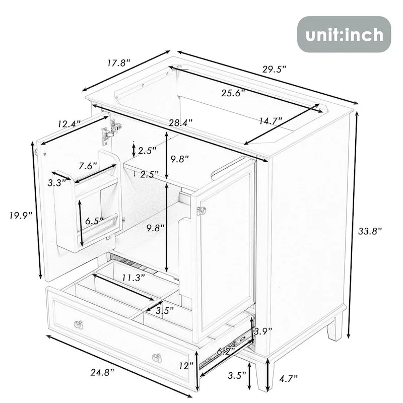 30 Bathroom Floor Storage Cabinet, Bathroom Vanity With Doors, Drawers, Adjustable Shelf Bathroom Cabinet