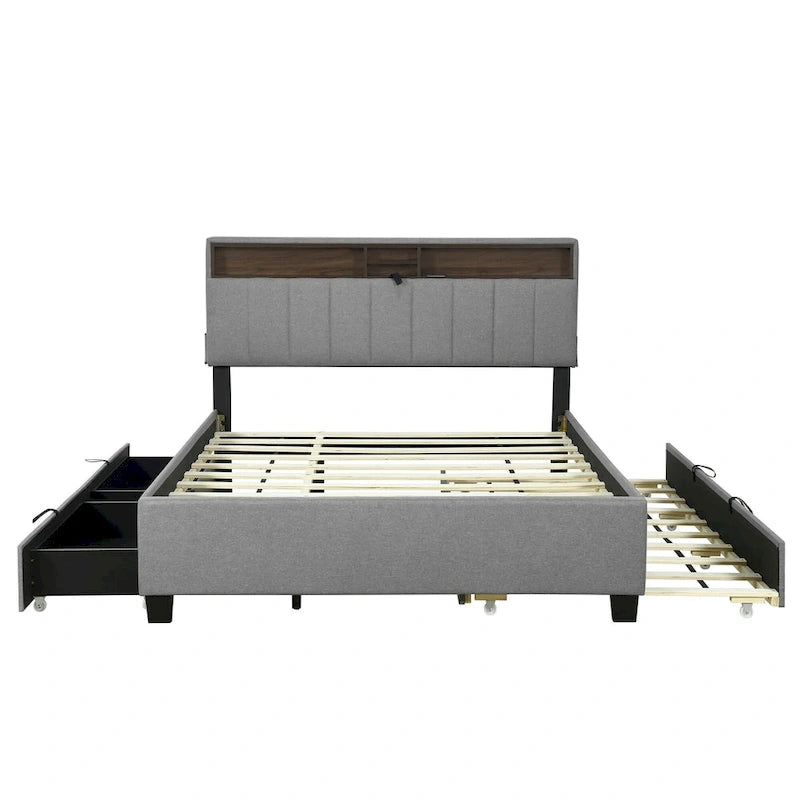 Queen Size Upholstered Platform Bed w/ Storage Headboard, Twin XL Size Trundle & 2 Drawers & USB Ports, Linen Fabric, Gray