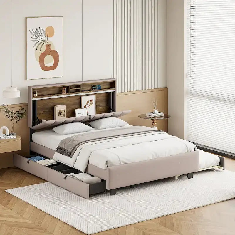 Queen Size Upholstered Platform Bed w/ Storage Headboard, Twin XL Size Trundle & 2 Drawers & USB Ports, Linen Fabric, Gray