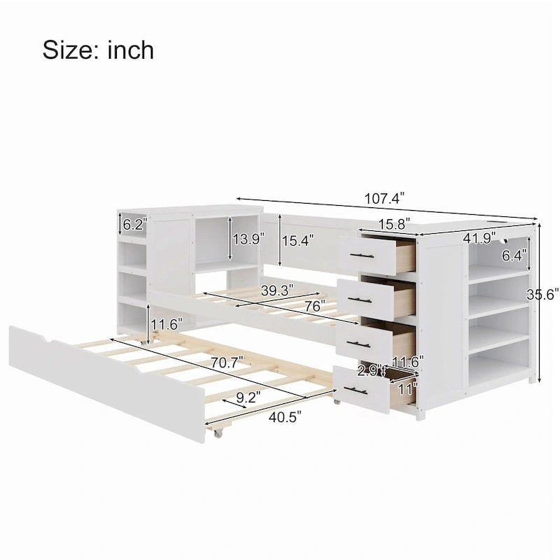 Wooden Twin Size Daybed with Trundle, Side Shelf and Drawers, Storage Bed with Desk and Charging Station for Bedroom, Guest Room
