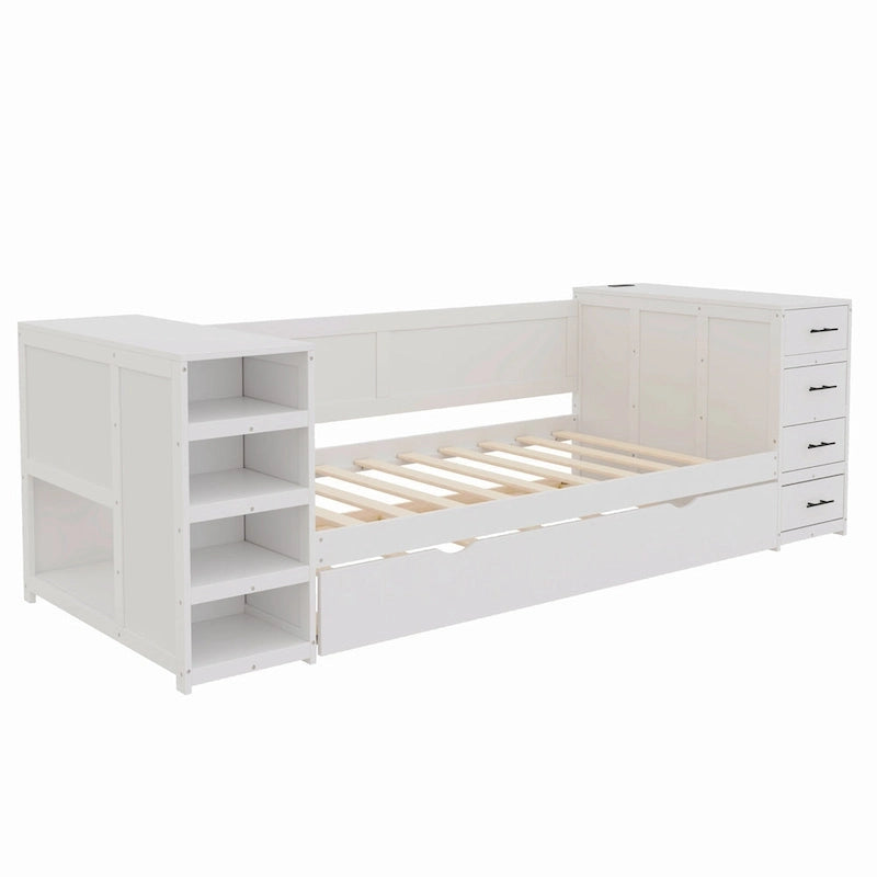 Wooden Twin Size Daybed with Trundle, Side Shelf and Drawers, Storage Bed with Desk and Charging Station for Bedroom, Guest Room