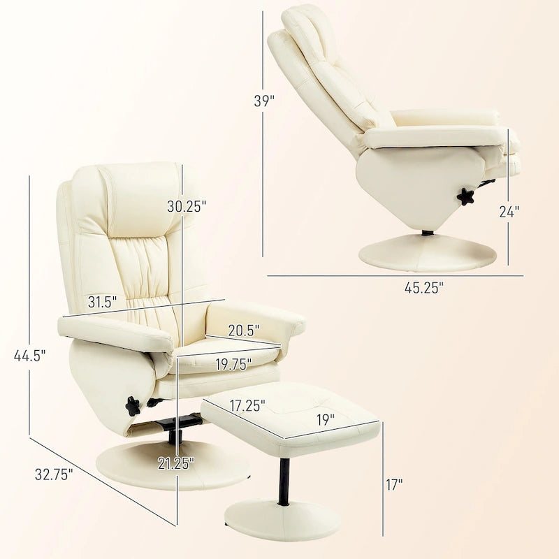 Adjustable PU Leather Lounge Chair Swivel Recliner Chair Padded High Back Armchair with Ottoman and Wood Base
