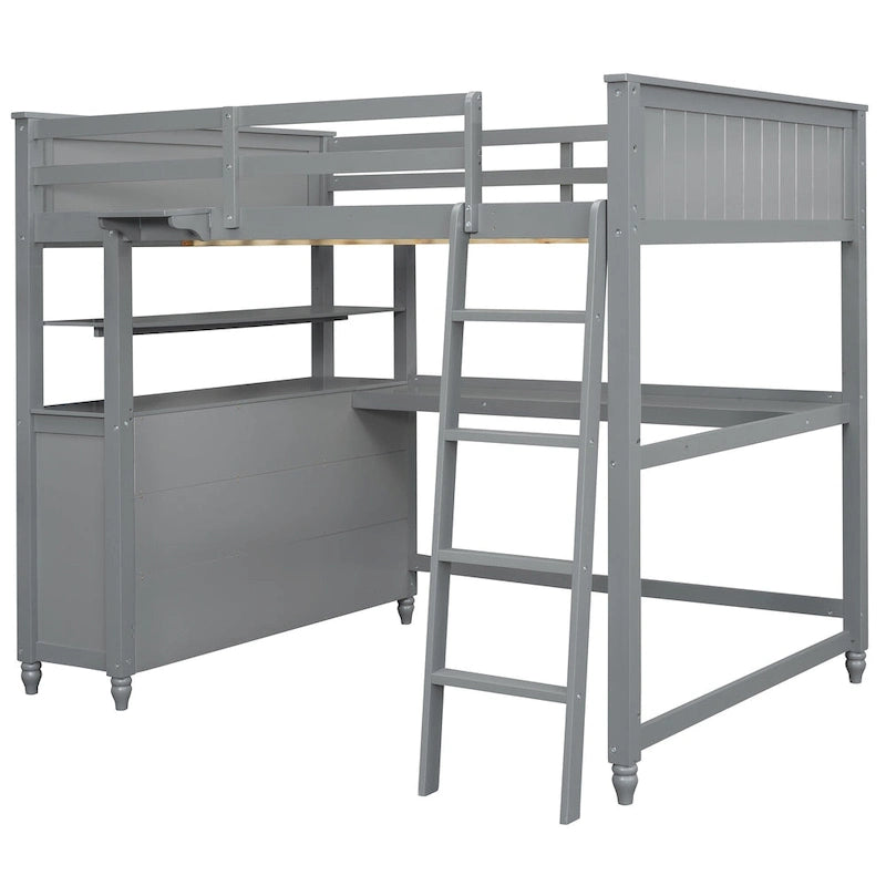 Full Size Loft Bed with Drawers and Desk, Wooden Loft Bed with Shelves - White
