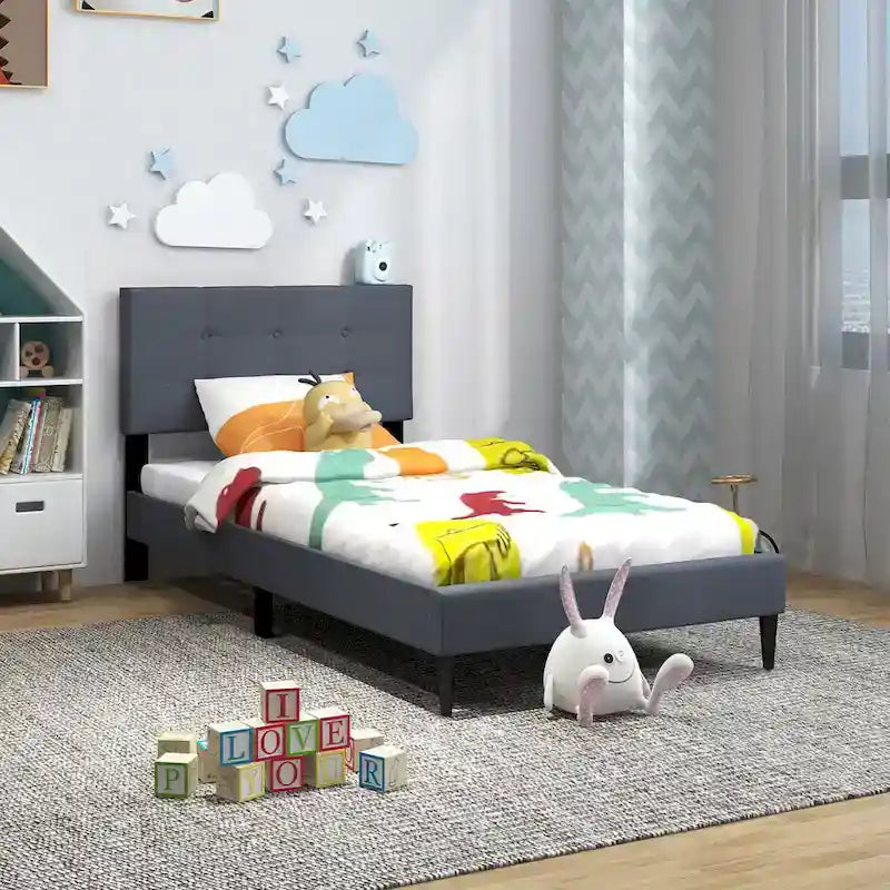 Gymax Twin Upholstered Platform Bed Mattress Foundation Button Tufted