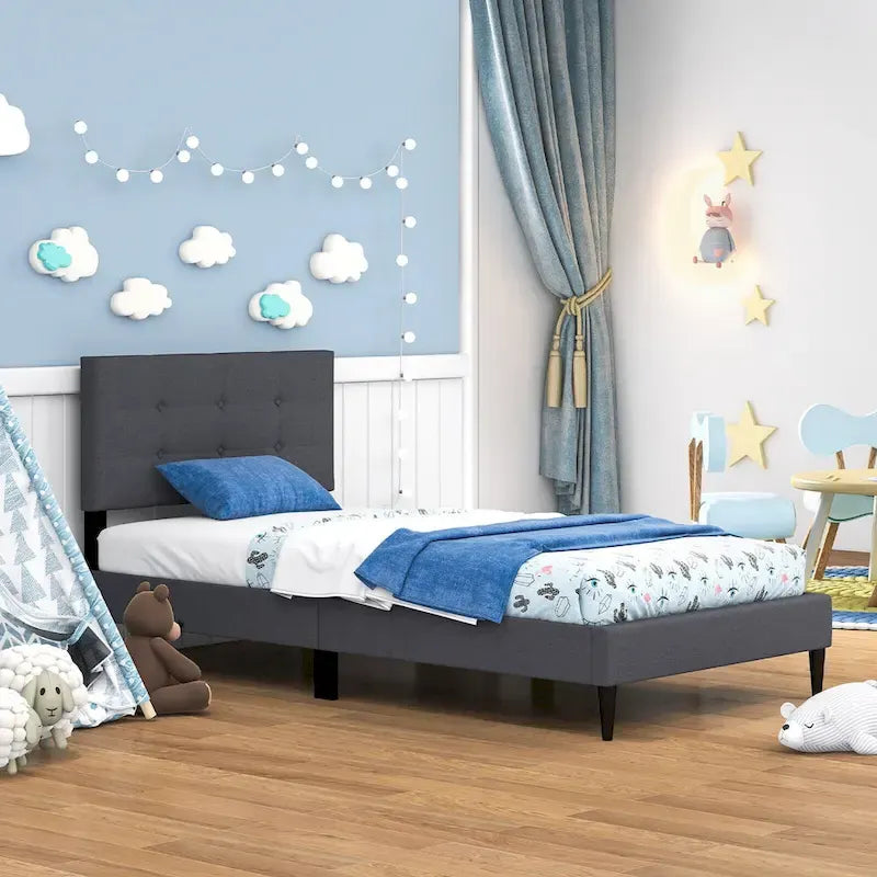 Gymax Twin Upholstered Platform Bed Mattress Foundation Button Tufted