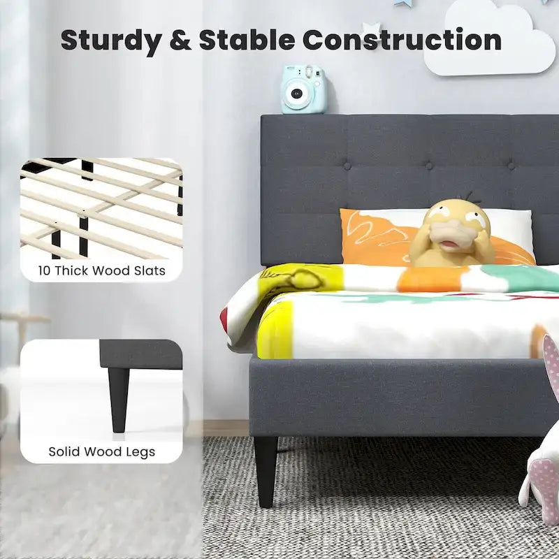 Gymax Twin Upholstered Platform Bed Mattress Foundation Button Tufted