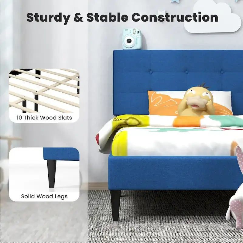 Gymax Twin Upholstered Platform Bed Mattress Foundation Button Tufted