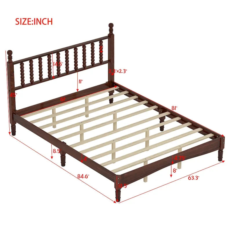 Retro Style Wood Platform Bed with Gourd Shaped Headboard,Queen Size