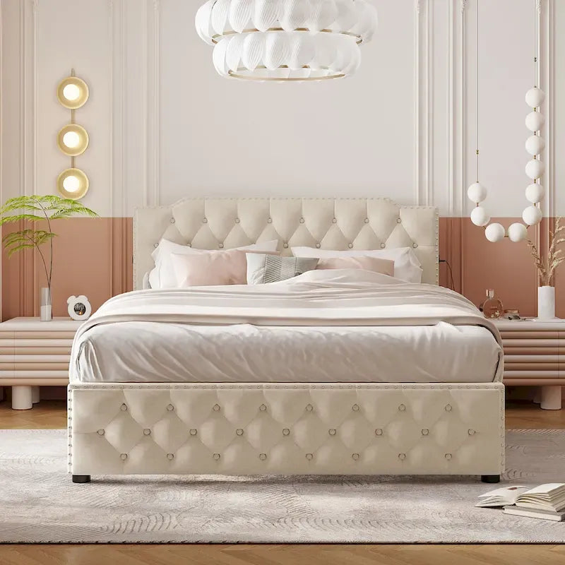 Linen Upholstered Platform Bed Button-Tufted Headboard Wood Panel Bed Frame with 2 Drawers or Trundle Bed, USB on Both Sides