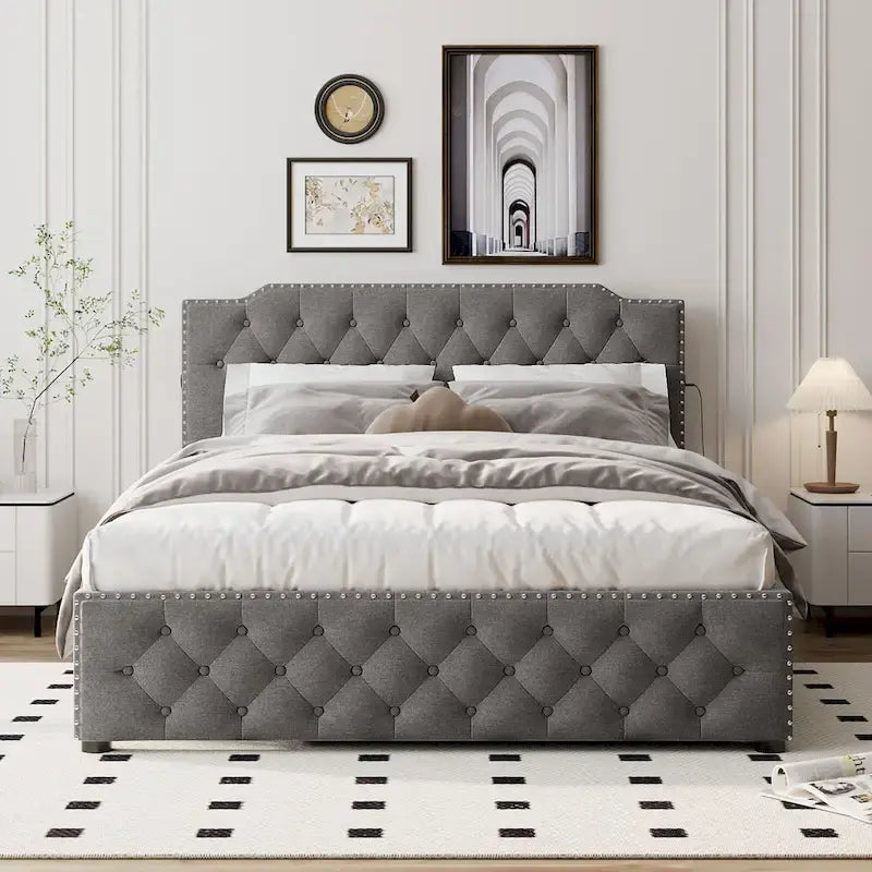 Linen Upholstered Platform Bed Button-Tufted Headboard Wood Panel Bed Frame with 2 Drawers or Trundle Bed, USB on Both Sides