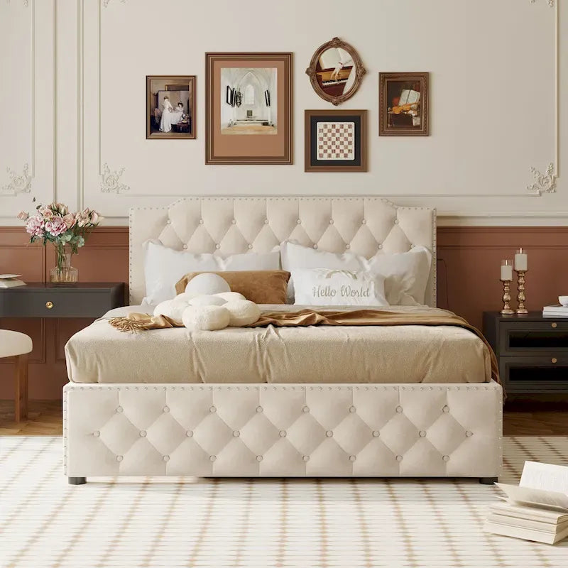 Linen Upholstered Platform Bed Button-Tufted Headboard Wood Panel Bed Frame with 2 Drawers or Trundle Bed, USB on Both Sides