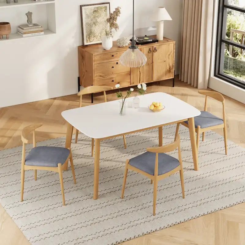 5 Piece Dining Set Wood Kitchen Set with Rectangular Dining Table and 4 Upholstered Chairs for Home Apartment