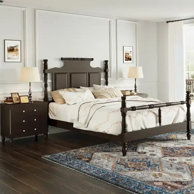 Vintage Country Style Wood Bed Frame Four Poster Platform Bed with High Crown-like Headboard Wingback Bed, Low Profile Bed