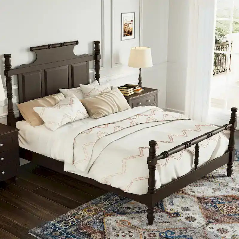 Vintage Country Style Wood Bed Frame Four Poster Platform Bed with High Crown-like Headboard Wingback Bed, Low Profile Bed