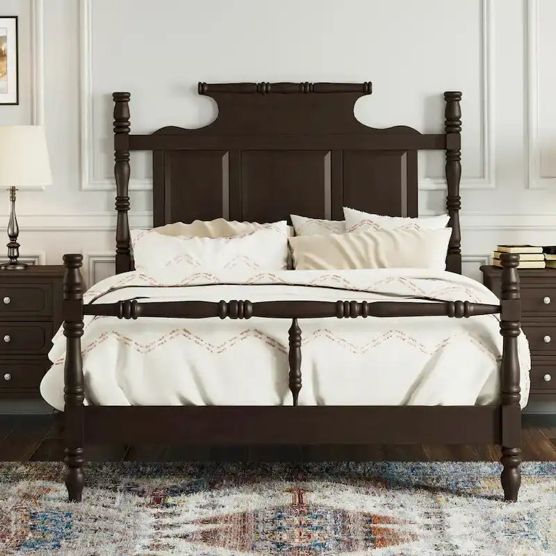 Vintage Country Style Wood Bed Frame Four Poster Platform Bed with High Crown-like Headboard Wingback Bed, Low Profile Bed